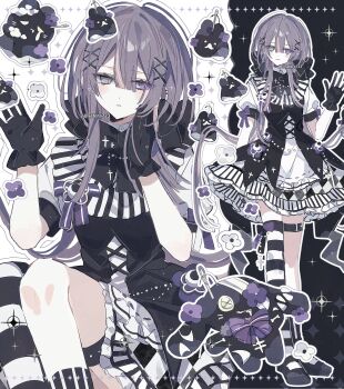 1girl absurdres asymmetrical_legwear black_gloves double-parted_bangs dress gloves grey_hair hair_ornament hand_up heterochromia highres long_hair looking_at_viewer original parted_lips socks sparkle_background striped_clothes striped_dress striped_socks stuffed_animal stuffed_toy thigh_strap waving x_hair_ornament yakinikusakoku