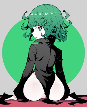 1girl akableak arms_at_sides ass black_dress bright_pupils circle cleft_of_venus closed_mouth collared_dress commentary dated_commentary dress expressionless eyelashes facing_away from_behind green_background green_eyes green_hair grey_background highres light_frown loli long_sleeves looking_at_viewer looking_back medium_hair no_panties one-punch_man pale_skin pelvic_curtain pussy romaji_commentary side_slit sitting solo tatsumaki turning_head wavy_hair white_pupils