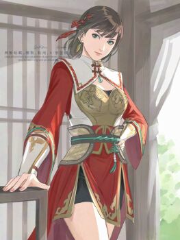 1girl 5ako0u armor artist_name belt braid breastplate breasts brown_hair chinese_clothes cleavage_cutout closed_mouth clothing_cutout commentary_request cowboy_shot earrings gold_earrings gold_trim green_eyes hair_ribbon hand_on_own_hip high-low_skirt indoors jewelry medium_breasts medium_hair red_ribbon red_sleeves ribbon shin_sangoku_musou shin_sangoku_musou_origins side_braid solo sun_shangxiang_(shin_sangoku_musou) twitter_username vambraces