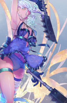 1girl absurdres arm_up armpit_crease bandaged_arm bandaged_leg bandaged_neck bandages black_gloves blue_negligee breasts commentary cowboy_shot eyelashes flower gloves hair_flower hair_ornament hair_rings highres jagged_sword kaine_(nier) lingerie looking_at_viewer lunar_tear negligee nier nier_(series) panties single_bare_shoulder solo sword teabreak23 thigh_strap underwear weapon white_hair yellow_eyes