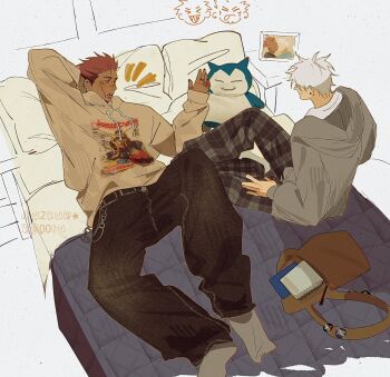 >_< 2boys :d :p absurdres alternate_skin_color arm_behind_head artist_name back badge bag baggy_pants belt black_belt black_nails black_pants bridge_piercing brown_bag button_badge character_print commentary cover crew_cut denim doodle_inset ear_piercing english_commentary eyebrow_piercing face_piercing facial_tattoo film_grain full_body gen_1_pokemon gojou_satoru grey_hoodie grey_socks gundam head_on_pillow highres hood hoodie indoors jeans jewelry jujutsu_kaisen knee_up light_smile looking_at_another lying magazine_cover male_focus mobile_suit_gundam multiple_boys newtype nintendo notebook notice_lines on_back on_bed open_mouth oversized_sweater pants photo_(object) piercing pillow pink_hair plaid_clothes plaid_pants pokemon print_hoodie red_eyes ring rx-78-2_gundam ryoumen_sukuna_(jujutsu_kaisen) shirt shoulder_bag sitting sketch_background smile snakebite_(piercing) snorlax socks stuffed_toy tan tattoo teeth to_0fu tongue tongue_out unworn_bag wallet_chain white_hair white_hoodie white_shirt