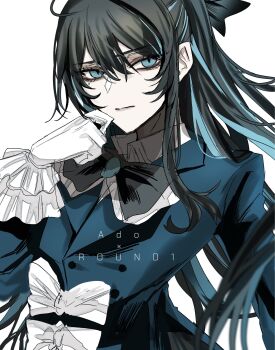 Rule 34 | 1girl, ado (utaite), black hair, blue eyes, blue hair, blue jacket, bow, chando (ado), commentary, gloves, gunjyou (gunjyou 00), hair between eyes, half updo, highres, jacket, mole, mole under eye, round one, sidelocks, simple background, solo, upper body, utaite, white background, white bow, white gloves