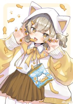 Rule 34 | 1girl, :d, absurdres, animal ear legwear, animal hood, blush, bow, bowtie, brown skirt, buttons, cat ear legwear, cat hood, claw pose, collared shirt, commentary request, cowboy shot, fangs, fish hair ornament, food packaging, grey hair, hair ornament, hands up, highres, hood, hood up, hooded jacket, jacket, long sleeves, looking at viewer, necoyu (yuyudomino), open clothes, open jacket, open mouth, original, pleated skirt, shirt, short hair, skirt, smile, solo, thighhighs, white background, white jacket, white shirt, white thighhighs, yellow bow, yellow bowtie, yellow eyes, yellow sleeves, zettai ryouiki