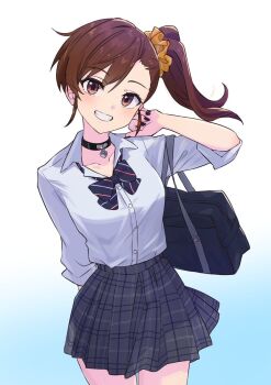 Rule 34 | 1girl, :d, aged up, arm behind back, artist collaboration, b1ack illust, bag, black bow, black bowtie, black choker, black nails, blue background, blue bag, blush, bow, bowtie, breasts, brown eyes, brown hair, choker, collarbone, collared shirt, colorized, commentary, concept gyarus (idolmaster), cowboy shot, curled fingers, diagonal-striped bow, diagonal-striped bowtie, diagonal-striped clothes, dress shirt, eyelashes, futami mami, gradient background, grey skirt, grin, hair ornament, hair scrunchie, hand on own face, hand up, head tilt, highres, holding, holding bag, idolmaster, idolmaster (classic), idolmaster million live!, idolmaster million live! theater days, long hair, long sleeves, looking at viewer, loose hair strand, medium breasts, nail polish, open mouth, parted lips, pendant choker, plaid clothes, plaid skirt, pleated skirt, school bag, school uniform, scrunchie, shirt, side ponytail, sidelocks, skirt, sleeves rolled up, smile, solo, splashab, standing, striped bow, striped bowtie, striped clothes, swept bangs, white shirt, yellow scrunchie