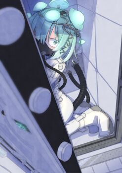 1girl aqua_eyes aqua_hair bodysuit bound bound_arms bound_legs breathing_tube character_request closing_door copyright_request gagged hair_over_one_eye highres in_cell looking_at_viewer mask menou_74 mushroom_on_head oxygen_mask padded_walls prison_cell respirator short_hair straitjacket tearing_up tied_up_(nonsexual) variant_set white_bodysuit wide-eyed