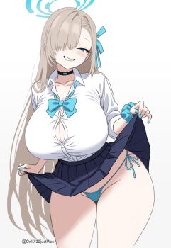 1girl asuna_(blue_archive) asuna_(school_uniform)_(blue_archive) blonde_hair blue_archive blue_eyes blue_halo blue_panties blue_skirt blush breasts button_gap choker cleavage clothes_lift collarbone grin groin hair_over_one_eye hair_ribbon halo highres huge_breasts lifting_own_clothes long_hair looking_at_viewer onli720justmao panties pleated_skirt ribbon school_uniform scrunchie shirt side-tie_panties skirt skirt_lift smile solo squinting teasing thighs underwear very_long_hair white_shirt wrist_scrunchie