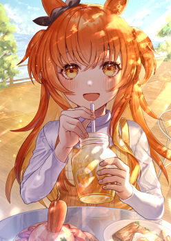Rule 34 | 1girl, animal ears, blue sky, blush, bow, brown ribbon, carrot, commentary request, cup, dress, drinking straw, ear ribbon, food, hair between eyes, highres, holding, holding cup, horse ears, horse girl, long hair, long sleeves, looking at viewer, mayano top gun (casual) (umamusume), mayano top gun (umamusume), open mouth, orange eyes, orange hair, outdoors, plaid clothes, plaid dress, ribbon, sanbon hijiki, shirt, sky, sleeveless, sleeveless dress, smile, solo, table, two side up, umamusume, vest, white shirt, yellow vest