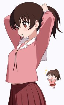 Rule 34 | 1girl, 64vii, :d, ^ ^, alternate hairstyle, arms up, azumanga daioh's school uniform, azumanga daiou, breasts, brown eyes, brown hair, chibi, closed eyes, commentary, cowboy shot, from side, hair tie in mouth, hairdressing, highres, long hair, looking down, medium breasts, midriff peek, mouth hold, open mouth, pink serafuku, pink shirt, pleated skirt, ponytail, red skirt, sailor collar, school uniform, serafuku, shirt, simple background, skirt, smile, solo, takino tomo, tying hair, white background, white sailor collar, winter uniform