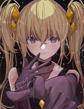 Rule 34 | 1girl, absurdres, black background, black choker, black gloves, black hairband, black shirt, blonde hair, blush, choker, closed mouth, dark jewel, diamond hair ornament, gloves, guardian chara, hairband, highres, hoshina utau, looking at viewer, purple eyes, shirt, shugo chara!, signature, solo, tank top, temarizushi
