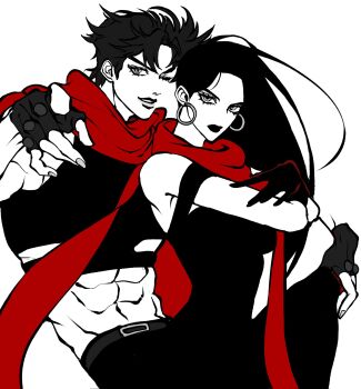 1boy 1girl abs arm_around_shoulder bare_shoulders battle_tendency belt belt_buckle buckle clamchowder55 closed_mouth comic_cover_redraw commentary_request derivative_work dress earrings eyelashes fingerless_gloves fingernails gloves highres hoop_earrings jewelry jojo_no_kimyou_na_bouken joseph_joestar joseph_joestar_(young) korean_commentary lipstick lisa_lisa long_hair looking_at_viewer makeup midriff mother_and_son one_eye_closed pants parted_lips piercing short_hair simple_background spot_color teeth toned toned_male white_background