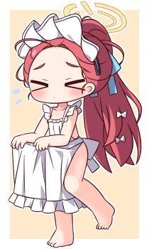 &gt;_&lt; 1girl absurdres apron apron_hold barefoot blue_archive blue_ribbon blush border bow closed_eyes closed_mouth collarbone commentary_request flying_sweatdrops frilled_apron frills full_body hair_bow hair_ribbon halo hana_kazari highres long_hair maid_headdress naked_apron outline outside_border ponytail red_hair ribbon simple_background solo standing standing_on_one_leg white_apron white_border white_bow white_outline yellow_background yellow_halo yuzu_(blue_archive) yuzu_(maid)_(blue_archive)