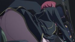 1girl animated anime_screenshot ass black_jacket blue_eyes code_geass fake_tail from_behind highres huge_ass jacket kouzuki_kallen leotard long_sleeves looking_back pantyhose pink_leotard pink_pantyhose playboy_bunny rabbit_tail red_hair short_hair sidelocks sound tail video