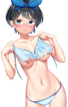 >:) 1girl aqua_eyes bikini bikini_top_only black_hair blue_bikini blue_ribbon blush breasts collarbone commentary_request cowboy_shot hair_ribbon holding holding_bikini holding_bikini_top holding_swimsuit holding_unworn_clothes k_mugura kanojo_okarishimasu looking_at_viewer medium_breasts navel nose_blush ribbon sarashina_ruka short_hair simple_background solo stomach swimsuit underboob untied_bikini unworn_swimsuit v-shaped_eyebrows white_background