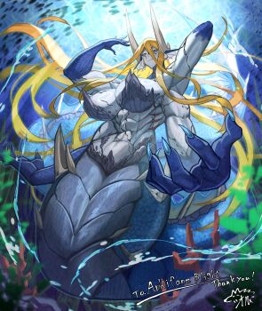 1girl abs battleship biceps blue_scales bridge coral cracked_skin fingernails gills grey_scales highres horns long_hair military_vehicle monster_girl multiple_horns muscular muscular_female ocean orange_hair original sharp_fingernails ship siorudo_origin skolas slit_pupils smug spines underwater warship watercraft