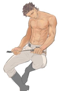 1boy belt boots brown_hair commentary_request dark-skinned_male dark_skin feet_out_of_frame gundam gundam_hathaway's_flash highres holding holding_riding_crop kenneth_sleg male_focus ohno3_3 pants riding_crop short_hair simple_background sitting solo toned toned_male topless_male white_background