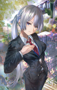 1girl absurdres ak-15_(girls'_frontline) belt black_jacket blue_eyes braid breasts brown_belt collared_shirt commentary_request crosswalk dress_shirt formal_clothes girls'_frontline girls'_frontline_2:_exilium grass grey_hair hand_on_own_chest head_tilt highres id_card jacket lanyard leaf long_hair looking_at_viewer medium_breasts mosta_(lo1777789) necktie pants plant ponytail potted_plant red_necktie red_pupils shirt solo suit swept_bangs tree very_long_hair voymastina_(girls'_frontline_2) white_shirt