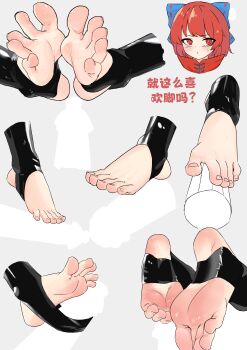 1girl absurdres barefoot blush bow feet hair_bow highres looking_at_viewer medium_hair red_eyes red_hair soles stirrup_legwear sweat tatara_kogasa toeless_legwear toes touhou translated xiatian_wu