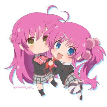 2girls :d absurdres ahoge black_jacket black_socks blue_eyes bow bowtie chibi chibi_only closed_mouth collared_shirt commentary eyes_visible_through_hair full_body futaki_kanata hair_between_eyes hair_bobbles hair_ornament hairclip half_updo happy highres holding_hands interlocked_fingers jacket kanzaki_nyo kneehighs little_busters! little_busters!_school_uniform long_hair long_sleeves looking_at_viewer looking_back multiple_girls one_side_up open_mouth parallel_hairclips pink_bow pink_bowtie purple_hair saigusa_haruka school_uniform shirt siblings side_ponytail sidelocks simple_background sisters smile socks striped_clothes striped_thighhighs tareme thighhighs twins twitter_username very_long_hair white_background white_shirt yellow_eyes