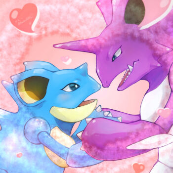 artist_name blue_eyes blush breasts bright_pupils claws couple eye_contact from_side gen_1_pokemon hands_up heart height_difference highres holding_hands horns ka_ei_volltis light_blush looking_at_another medium_breasts nidoking nidoqueen nintendo open_mouth pink_background pokemon pokemon_(creature) profile sharp_teeth signature single_horn standing teeth twitter_username upper_body white_pupils