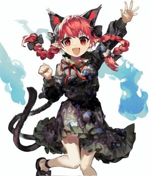 1girl animal_ears black_dress bow braid cat_ears cat_tail commentary dress english_commentary extra_ears fang frilled_dress frills hair_bow hand_up highres hitodama jumping kaenbyou_rin long_sleeves multiple_hair_bows multiple_tails pointy_ears red_bow red_eyes red_hair sayoko404 solo tail touhou twin_braids two_tails waving white_background