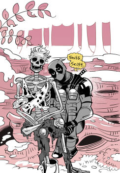 2boys bodysuit closed_eyes commentary_request deadpool deadpool_&amp;_wolverine deadpool_(series) english_text gloves head_tilt highres katana log logan_(movie) male_focus marvel multicolored_bodysuit multiple_boys om85549 own_hands_together sitting skeleton snow superhero_costume sword sword_on_back tears two-tone_bodysuit u_u weapon weapon_on_back wolverine_(x-men) x-men x-men_film_series