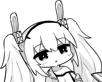 2girls animal_ears azur_lane azur_lane:_slow_ahead bare_shoulders blush breasts cleavage commentary_request deformed dutch_angle fake_animal_ears greyscale hair_between_eyes hairband hori_(hori_no_su) jacket laffey_(azur_lane) lowres monochrome multiple_girls no_nose off_shoulder official_art open_clothes open_jacket open_mouth rabbit rabbit_ears sidelocks simple_background small_breasts solo twintails upper_body white_background