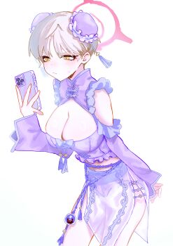 Rule 34 | 1girl, absurdres, alternate costume, blonde hair, blue archive, blush, breasts, bun cover, cellphone, cleavage, closed mouth, cowboy shot, dantyou2525, halo, highres, holding, holding phone, large breasts, long sleeves, marina (blue archive), panties, pelvic curtain, phone, purple panties, red halo, short hair, simple background, smartphone, solo, underwear, white background, yellow eyes