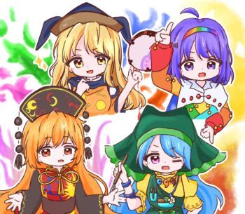 4girls ahoge apron arm_ribbon arm_up belt black_dress black_hat blonde_hair blue_dress blue_hair blue_hairband blue_hat bow breast_pocket breasts brown_belt buttons chinese_clothes cloak commentary constellation_print crescent crescent_print dalachi_(headdress) detached_sleeves dress drum energy flower frills green_apron green_belt green_bow green_dress green_hairband green_headscarf hair_between_eyes hairband hand_on_own_hip hand_up hands_up haniyasushin_keiki hat headscarf holding holding_tool index_finger_raised instrument jewelry junko_(touhou) lapels leaf long_hair long_sleeves looking_at_viewer magatama magatama_necklace mandarin_collar matara_okina medium_breasts multicolored_dress multicolored_hairband multiple_girls neck_ribbon necklace one_eye_closed open_mouth orange_dress orange_hair orange_hairband orange_sleeves orange_tabard parted_bangs patchwork_clothes phoenix_print pink_eyes pocket pom_pom_(clothes) puffy_long_sleeves puffy_short_sleeves puffy_sleeves purple_eyes purple_hair purple_hairband red_dress red_eyes red_hairband red_tabard ribbon shirt short_hair short_sleeves sidelocks simple_background sky_print stage_connection star_(symbol) tabard tassel tenkyuu_chimata touhou tsuzumi turtleneck turtleneck_dress uiwateko upper_body v-shaped_eyebrows wavy_hair white_background white_cloak white_flower white_shirt wide_sleeves wood_carving_tool yellow_dress yellow_eyes yellow_hairband yellow_ribbon