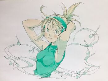 1girl arms_up bare_arms beamed_eighth_notes blonde_hair breasts commentary cropped_torso eighth_note folded_ponytail green_eyes green_shirt hair_between_eyes headphones highres listening_to_music looking_at_viewer medium_breasts musical_note original peter_salt quarter_note shirt short_hair sleeveless sleeveless_shirt solo traditional_media