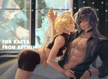 2boys abs aether_(genshin_impact) blonde_hair blue_eyes blue_hair blush braid choker crop_top eyepatch genshin_impact highres jacket kaeya_(genshin_impact) looking_at_another male_focus multiple_boys nipples open_clothes open_jacket shorts single_braid smile teeth under_covers user_rsef4538 window yaoi yellow_eyes
