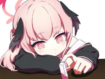 1girl black_shirt blue_archive blurry blush commentary_request depth_of_field fingernails halo highres koharu_(blue_archive) looking_at_viewer pink_eyes pink_hair pink_halo sailor_collar shirt simple_background solo suwasui white_background white_sailor_collar