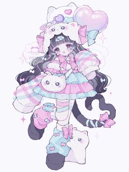 1girl :d animal_hat asymmetrical_legwear balloon bare_shoulders black_hair black_shoes blue_hair blue_ribbon blue_skirt blue_socks blunt_bangs blush bow bowtie cat cat_hat cat_tail commentary commission detached_sleeves full_body hand_up hat heart_balloon highres long_hair long_sleeves looking_at_viewer loose_socks mismatched_legwear multicolored_hair open_mouth original pink_bow pink_bowtie pink_eyes pink_hair pink_skirt pink_socks ribbon shoes short_sleeves simple_background skeb_commission skirt sleeves_past_fingers sleeves_past_wrists smile socks solo standing streaked_hair tail tail_bow tail_ornament tail_ribbon two-tone_skirt upache watermark white_background