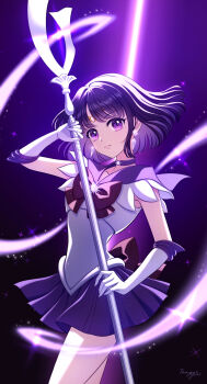 1girl back_bow bishoujo_senshi_sailor_moon bow choker circlet closed_mouth commentary_request cowboy_shot earrings glaive_(polearm) gloves highres holding holding_polearm holding_weapon jewelry looking_at_viewer magical_girl polearm purple_background purple_choker purple_eyes purple_hair purple_skirt sailor_saturn sailor_senshi sailor_senshi_uniform short_hair signature silence_glaive skirt solo tomoe_hotaru tsumagari_yuki weapon white_gloves