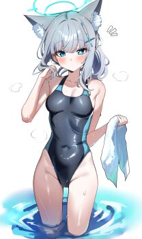 1girl absurdres animal_ear_fluff animal_ears blue_archive blue_eyes breasts commentary_request competition_swimsuit covered_navel cross_hair_ornament extra_ears grey_hair hair_ornament halo highres looking_at_viewer mismatched_pupils official_alternate_costume one-piece_swimsuit sak_(lemondisk) shiroko_(blue_archive) shiroko_(swimsuit)_(blue_archive) solo standing swimsuit wolf_ears wolf_girl