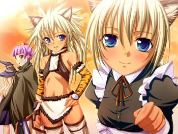 2girls agnes_ardbeg_augustus animal_ears blonde_hair blush cat_ears cleo_cragganmore crown game_cg glowing glowing_eyes harem_party hat long_hair multiple_girls nia_schlichte purple_hair red_eyes smile uru_schlichte witch_hat
