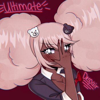 1girl afro afro_puffs arm_under_breasts arm_up bear_hair_ornament black_shirt black_skirt blush bow breasts cleavage collarbone danganronpa_(series) danganronpa_another_episode:_ultra_despair_girls english_text eyelashes female_focus fingernails grey_hair hair_ornament hand_over_face hand_up highres jojo_reference long_fingernails long_hair looking_at_viewer medium_breasts nail_polish red_background red_bow second_generation_enoshima_junko shirt simple_background skirt solo standing starlenayt twintails upper_body