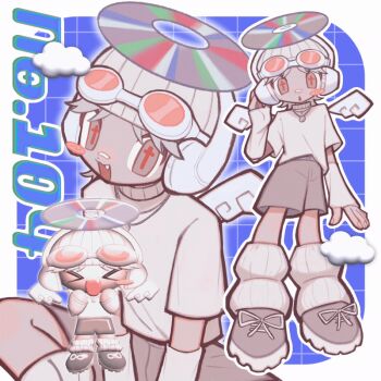 1boy 3d androgynous angel animated animated_gif blinking border brown_eyes cd chibi chibi_inset child cross-shaped_pupils dark-skinned_male dark_skin goggles goggles_on_head grid halo headphones leg_warmers looping_animation male_focus original shoes shorts solo symbol-shaped_pupils trap white_border wings yappari