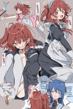 2girls apron arknights blue_hair coat english_text exusiai_(arknights) hard-translated highres maid maid_apron mostima_(arknights) multiple_girls na_tarapisu153 no_shoes red_hair thighhighs third-party_edit white_thighhighs