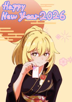 Rule 34 | 1girl, 2026, absurdres, black kimono, blonde hair, closed mouth, commentary request, floral print, floral print kimono, hair between eyes, happy new year, highres, holding, holding omikuji, japanese clothes, kimono, long hair, looking at viewer, new year, obi, obijime, omikuji, pawakou545, ponytail, print kimono, sash, shokuhou misaki, simple background, smile, solo, sparkling eyes, toaru kagaku no mental out, toaru kagaku no railgun, toaru majutsu no index, upper body, yellow eyes