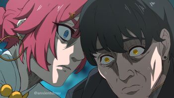 1boy 1girl anxient black_hair blue_eyes commentary danjin_(wuthering_waves) earrings english_commentary gloom_(expression) highres hoop_earrings jewelry male_rover_(wuthering_waves) red_hair rover_(wuthering_waves) scene_reference shingeki_no_kyojin sweat wuthering_waves yellow_eyes