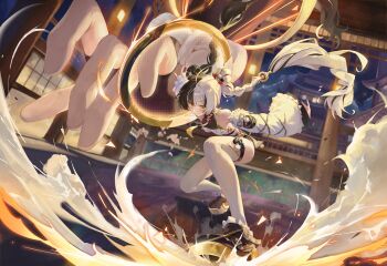 1girl absurdres ahoge aqua_nails bare_shoulders black_hair black_shoes blush braid braided_twintails chakram china_dress chinese_clothes chowol closed_mouth commentary_request detached_sleeves dialyn_(zenless_zone_zero) double_bun dress giant_hand hair_bun hair_extensions hair_ornament hairclip highres long_hair multicolored_hair multicolored_nails necktie night night_sky panda_hair_ornament red_nails ring_hair_extensions shoes sky smile smoke solo split-color_hair thighhighs weapon white_hair white_thighhighs yellow_eyes yellow_necktie zenless_zone_zero