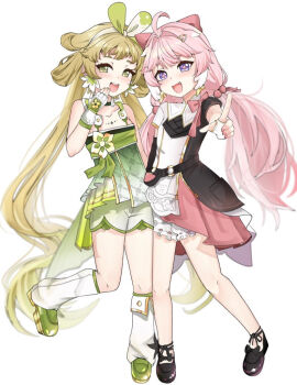 2girls :d ahoge bag bare_shoulders black_bag black_bow black_choker black_dress black_footwear blonde_hair bloomers blush bow bowtie chinese_clothes choker collarbone commentary cross-shaped_pupils dress earrings encore_(wuthering_waves) english_commentary eyelashes fang fingerless_gloves fingernails flower_earrings footwear_bow frills gloves gradient_clothes gradient_dress gradient_hair green_dress green_eyes green_footwear green_hair green_hairband green_ribbon hair_bobbles hair_bow hair_intakes hair_ornament hair_ribbon hairband hairclip hand_up hanfu index_finger_raised jewelry leg_warmers leggings long_hair looking_at_viewer low_twintails mandarin_collar meemz_a multicolored_hair multiple_girls nail_polish o-ring open_mouth outstretched_arm pink_bow pink_bowtie pink_hair pink_nails pink_pupils pink_ribbon pink_skirt purple_eyes qixiong_ruqun raised_eyebrows ribbon ribbon-trimmed_bloomers ribbon_trim shoes short_dress short_eyebrows short_shorts short_sleeves shorts shorts_under_dress sidelocks simple_background skirt sleeveless sleeveless_dress smile smug symbol-shaped_pupils tacet_mark_(wuthering_waves) teeth thick_eyebrows twintails two-tone_dress underwear upper_teeth_only verina_(wuthering_waves) very_long_hair white_background white_bloomers white_dress white_gloves white_hairband white_leggings white_ribbon white_shorts wuthering_waves