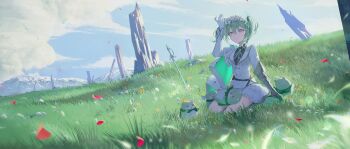 Rule 34 | 1girl, absurdres, black shirt, blue sky, breasts, chico (yuzuha riko), choppy bangs, closed mouth, cloud, clrawing, collared shirt, commentary request, creature, creature on lap, day, falling petals, flower, full body, gauntlets, gloves, grass, green hair, hair between eyes, hand up, head wreath, highres, jacket, korean commentary, landscape, long bangs, long sleeves, lying, meadow, medium hair, miniskirt, mountain, neck ribbon, on back, orange flower, outdoors, petals, planted, planted sword, planted weapon, pleated skirt, purple eyes, ribbon, scenery, shirt, single gauntlet, sitting, skirt, sky, solo, stellive, sword, twintails, virtual youtuber, weapon, white flower, white gloves, white jacket, white ribbon, white skirt, wing collar, yuzuha riko