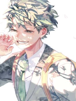 Rule 34 | 1boy, absurdres, backpack, bag, boku no hero academia, closed mouth, collared shirt, commentary request, falling petals, freckles, green eyes, green hair, green necktie, grin, happy, highres, jacket, male focus, midoriya izuku, necktie, petals, pink petals, shirt, short hair, simple background, smile, solo, suit jacket, unou (unou mha), white background, white shirt, yellow bag