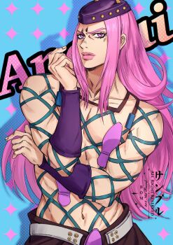 1boy black_hat blue_background bom-r brown_pants character_name eyelashes fishnet_top fishnets hat highres jojo_no_kimyou_na_bouken long_hair looking_at_viewer male_focus narciso_anasui navel pants parted_lips pink_eyes pink_hair pink_lips signature solo stone_ocean upper_body
