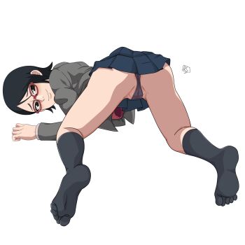 Rule 34 | 1girl, aldwelter, artist logo, black eyes, black hair, black panties, black socks, boruto: naruto next generations, boruto: naruto the movie, crotch seam, from behind, full body, glasses, highres, jacket, logo, long sleeves, looking at viewer, looking back, miniskirt, naruto (series), no shoes, panties, pleated skirt, red-framed eyewear, school uniform, short hair, simple background, skirt, socks, soles, solo, spread legs, toes, top-down bottom-up, uchiha sarada, underwear, white background