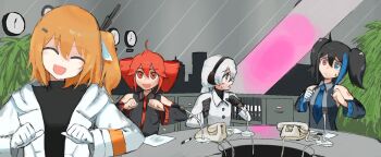 4girls a.i._voice adachi_rei antique_phone black_gloves black_hair black_shirt blue_eyes clenched_hands clock closed_eyes collared_shirt confused dancing desk desk_microphone detached_sleeves drill_hair earmuffs facing_viewer gloves head_tilt heterochromia jacket kasane_teto kasane_teto_(utau) long_hair looking_at_another looking_at_viewer medium_hair multiple_girls one_side_up open_clothes open_jacket orange_hair parody parodysenyou phone red_eyes red_hair rotary_phone sakanaction sekka_yufu shirt short_hair short_twintails sleeveless sleeveless_shirt small_sweatdrop twin_drills twintails utau wall_clock white_gloves white_hair white_jacket yokune_ruko