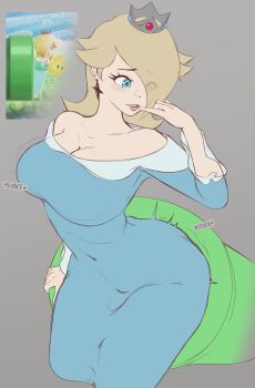 1girl blonde_hair blue_nails bouncing_breasts breasts cleavage covered_navel crown dress earrings embarrassed grey_background jewelry large_breasts long_hair looking_back mario_(series) nail_polish nintendo pink_lips pinky_out rosalina roughjamart solo stuck super_mario_bros._wonder thick_thighs thighs warp_pipe wide_hips