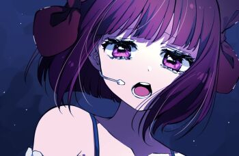 1girl arima_kana bare_shoulders blue_background open_mouth oshi_no_ko purple_eyes purple_hair rumic_0620 short_hair solo spaghetti_strap upper_body