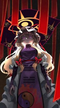 1girl blonde_hair closed_mouth commentary_request dress expressionless from_below gap_(touhou) glowing glowing_eyes haido_(unisan) hair_between_eyes hair_ribbon hat highres long_hair long_sleeves looking_at_viewer looking_down mob_cap purple_eyes purple_tabard ribbon solo tabard touhou white_dress yakumo_yukari